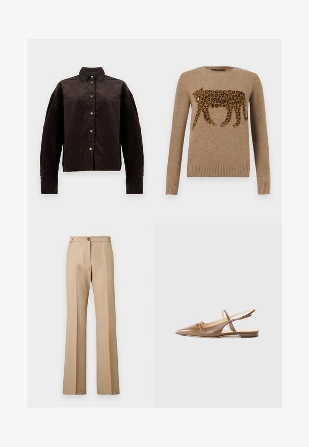 Camel-farvet strikket sweater med et detaljeret mønster af en gående leopard på tværs af brystet, ribstrikkede manchetter og kant, rund halsudskæring.; Brun fløjlsskjorte med krave, frontknapper og lange ærmer. Har et struktureret stof og en let oversized pasform.; Beige bukser med lige ben, forreste pressefolder, knaplukning og bæltestropper, vist mod en ensfarvet baggrund.; Brune lædersandaletter med spidse tæer, to smalle stropper og en lav hæl. Glat tekstur med en poleret finish.