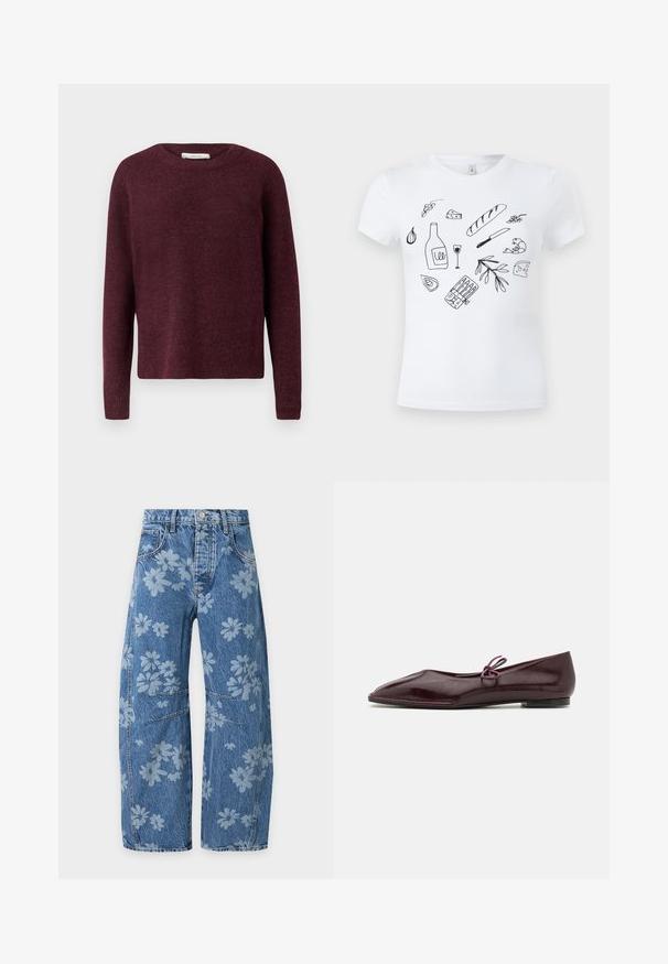 Selected SLFLULU O NECK - Striktrøje - fig; Hvid T-shirt med sorte stregtegninger af madvarer, herunder brød, ost, vinflaske og glas, rejer, hvidløg, oliven og en kniv.; Blå denim jeans med vide ben, lyse blomsterprint, forlommer, knaplukning og syninger på knæene.; Ballethæle i bordeaux laklæder med spids tå og en dekorativ lilla sløjfe på forfoden; flad såldesign.