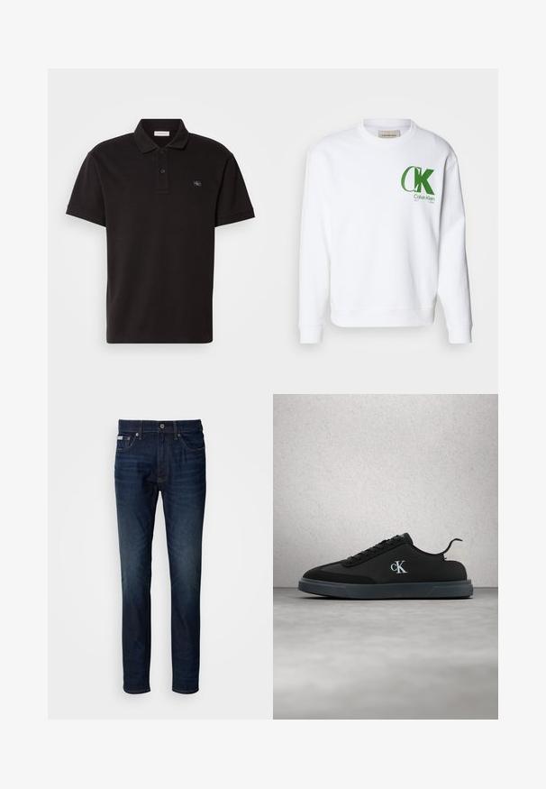 Sudadera blanca de algodón, con un logo verde de "CK" y texto en el lado izquierdo del pecho, con puños y dobladillo de canalé.; Polo negra hecha de tejido texturizado, con un collar clásico, tapeta de dos botones y un pequeño parche con logo en el pecho.; Jeans de mezclilla azul oscuro con un corte recto, que cuentan con cierre de cremallera, botón y bolsillos delanteros y traseros. Desgaste sutil en los muslos.; Zapatilla negra de perfil bajo de Calvin Klein con el logo blanco "cK" en el lateral y lengüeta del talón en gris claro, mostrada flotando sobre un suelo gris reflectante.