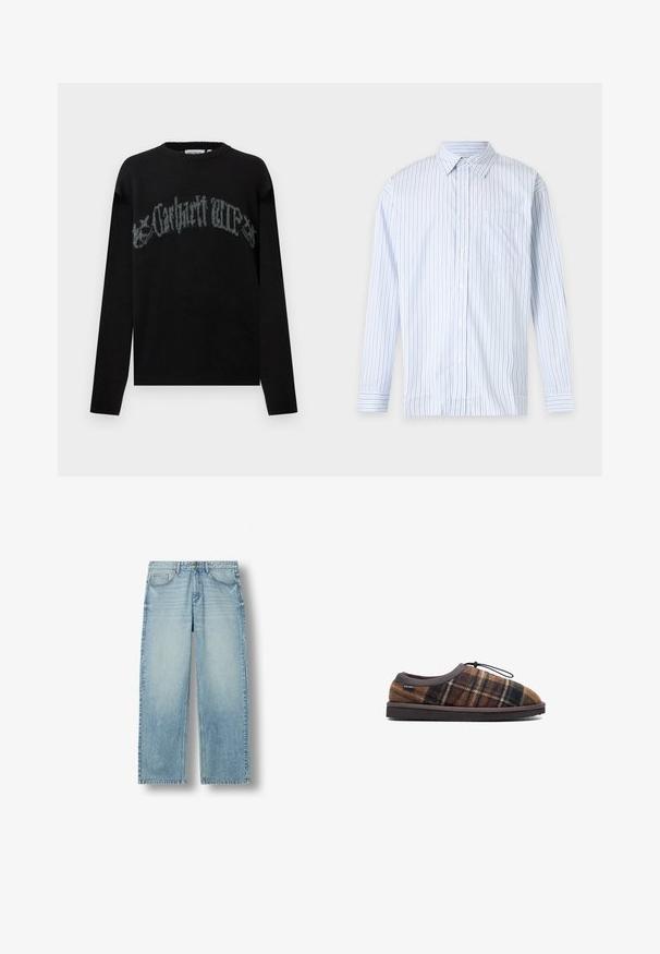 Pull noir à manches longues avec col rond, arborant un texte "Carhartt WIP" de style gothique en gris délavé arqué sur la poitrine.; Chemise à manches longues boutonnée avec des rayures verticales bleu clair et blanc et une poche poitrine sur fond uni.; Jean en denim bleu clair à coupe droite avec cinq poches et fermeture par boutons, présenté sur fond blanc.; Chausson à carreaux marron avec un dessus en tissu doux, fermeture à bascule en élastique noir et semelle plate marron foncé.