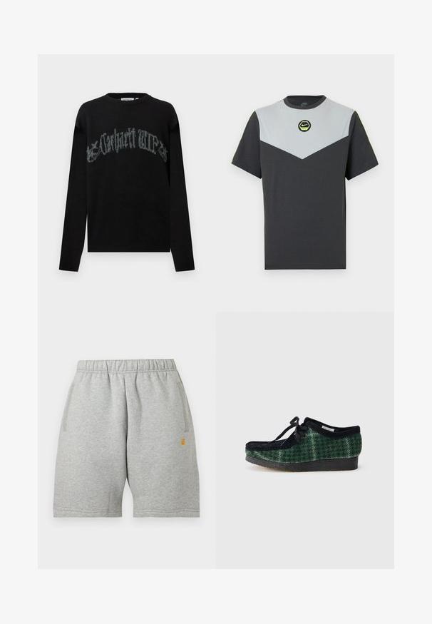Zwarte trui met lange mouwen en ronde hals, met vervaagde grijze gotische "Carhartt WIP" tekst die over de borst is gebogen.; Nike T-shirt met korte mouwen in donkergrijs en lichtgrijs met een chevron-patroon, een cirkelvormig groen logo en contrasterende neonaccenten op de schouders.; Lichtgrijze shorts met elastische taille, zijzakken en klein geel logo op het linkerbeen, plat gepresenteerd tegen een witte achtergrond.; Groene en zwarte schoenen met een suède bovenkant, voorzien van een ronde neus, veters en een gestructureerde rubberen zool.