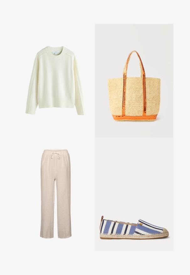 Jersey de punto color crema con puños y bajo acanalados, con escote redondo y corte holgado. Textura suave, diseño minimalista, sin estampados.; Pantalones de lino en beige claro con cintura elástica y cordón, que presentan un corte relajado y diseño de pierna recta.; Alpargata plana con rayas azules, marino y blancas, con suela de yute y pequeño detalle de logo dorado en el lateral, vista lateral sobre fondo blanco.; Bolso tote de paja tejido con ribete y asas naranjas, que presenta un patrón texturizado y una base rectangular.