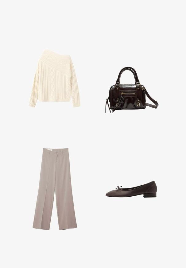 Cremefarvet strikket sweater med off-shoulder-design, der har teksturerede diamant- og ribmønstre, lange ærmer og en tætsiddende kant.; Beige bukser med vide ben, flad front, to forlommer, knaplukning og en glat, let struktureret stofoverflade.; Brune læder balletflade med rund tå og lille blokhæl. Har en tynd sløjfe foran og diskrete syningsdetaljer.; Brun lakeret håndtaske med dobbelte håndtag, aftagelig skulderrem, frontlomme med lynlås og hardware i guld-tone.