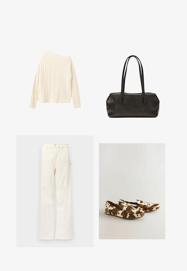 Pull en tricot crème avec un design épaule dénudée, présentant des motifs texturés en losange et en côtes, des manches longues et un ourlet ajusté.; Good American GOOD 90S CARPENTER - Wide Leg - white denim; Mocassins en imprimé vache faits d'un matériau doux avec un motif marron et blanc, dotés d'un design à enfiler et d'une semelle plate en caoutchouc.; Sac à main rectangulaire en cuir noir avec longues bretelles doubles et finition texturée, présenté sur un fond blanc uni.