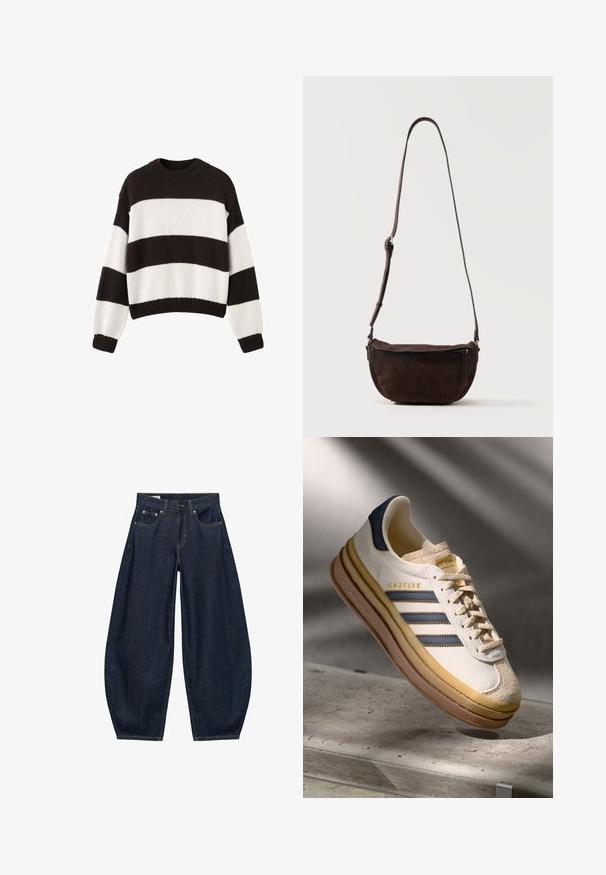 Zwart-wit gestreepte gebreide trui met een ronde hals, lange mouwen en een cropped fit. Gelaagde stof met een ribgebreide zoom.; Donkerblauwe denim jeans met wijde pijpen, voorzakken, riemlussen en een knoopsluiting in de taille.; Adidas Gazelle sneaker met een crème suède bovenwerk, blauwe leren accenten, drie blauwe strepen, beige tussenzool en een bruine rubberen outsole.; Donkerbruine suède crossbodytas met een verstelbare riem en een ritsvak aan de voorkant, staand tegen een effen lichte achtergrond.