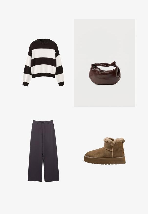 Pull en tricot à rayures noir et blanc avec un col rond, des manches longues et une coupe courte. Tissu texturé avec un ourlet côtelé.; Pantalons larges gris foncé avec taille élastique et cordon de serrage, fabriqués dans un tissu doux, présentés sur un fond blanc.; Bottines en daim marron avec doublure en fausse fourrure, bout rond et semelle épaisse; elles présentent une couture et une lanière à l'arrière.; Sac bandoulière en cuir marron foncé avec une forme souple et décontractée et une anse nouée torsadée sur un fond blanc uni.