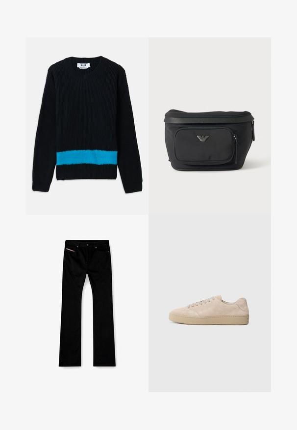 Zwarte gewatteerde trui met ribbelstructuur, voorzien van een horizontale turquoise streep aan de onderkant. Klassieke ronde halslijn en lange mouwen.; Zwarte straight-leg jeans met een knoop en ritssluiting aan de voorkant, voor- en achterzakken, en een wit label zichtbaar in de rechter voorzak.; Beige suede sneaker met een ronde neus, platte veters en een gestructureerde rubberen zool. Minimalistisch ontwerp met gladde randen en subtiele stiksels.; Zwarte heuptas met voorvak met rits en zilveren adelaarlogo, gladde stof met gestructureerde afwerking en ritstrekker.