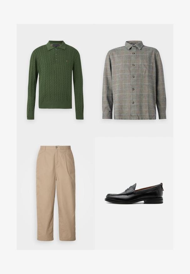 Grøn strikket pullover med kabelmønster, ribbede manchetter og krave. Har en tre-knaps lukning og et lille logo på brystet.; Langærmet skjorte med knapper i beige og sort ternet mønster, med krave og brystlomme foran på ensfarvet baggrund.; Beige, lette bomuldsbukser med plisset front, knaplukning og lige ben, der har en glat tekstur og ingen synlige mønstre.; Sort læder herre loafer med moc-tå syning, penny strop, struktureret krave og lav stablet hæl på hvid baggrund.
