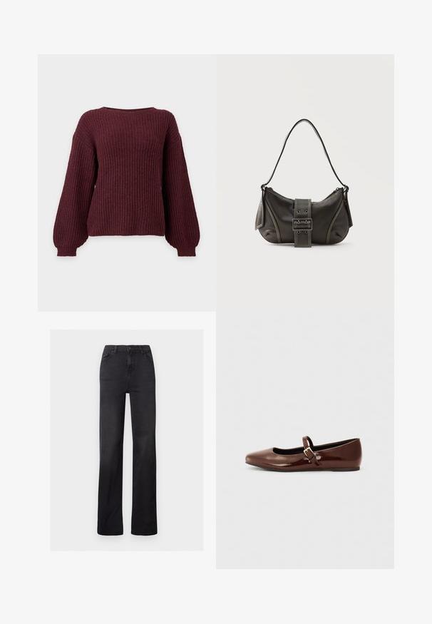 Pull en maille côtelée bordeaux profond avec de longues manches bouffantes et des poignets ajustés, col rond et coupe décontractée.; Jean en denim noir à jambes droites avec une taille haute, un design à cinq poches et des coutures visibles. Texture lisse avec une finition légèrement délavée.; Ballerine en cuir verni marron avec un bout carré et une lanière ornée d'une petite boucle dorée. Texture lisse, talon bas et design minimaliste.; Sac à épaule en cuir noir avec une sangle à boucle, des bords arrondis et des coutures blanches contrastées sur un fond uni.