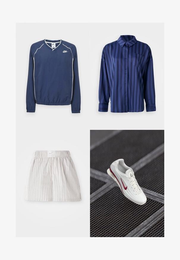 Sügavsinisest Nike pikakäeline pullover V-kaelusega, valgete õmblusteta triipudega ja elastsete mansettide ning äärega. Vasakul rinnal on logo.; Tumesinise triibuline särk krae, rinna tasku ja pikkade varrukatega. Valmistatud siledast, läikivast kangast, millel on vabalt langev lõige.; Heledad hallide triibulised lühikesed püksid, mis on valmistatud pehmest kangast. Omavad elastset vöökohta, mille keskel on Nike logo silt.; Valge sportlik king, millel on tekstureeritud pind, punase aktsendiga swoosh, nöörimise disain ja pehmendusega tallad, riputatuna ruudustiku taustal.