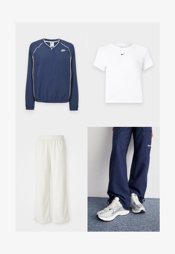 Μακρυμάνικο μπλουζάκι Nike σε ναυτικό μπλε με V-λαιμόκοψη, λευκές ρίγες στα ραφές και ελαστικές μανσέτες και τελείωμα. Διαθέτει λογότυπο στο αριστερό μέρος του στήθους.; Λευκό κοντομάνικο cropped T-shirt της Nike με μικρό μαύρο λογότυπο Nike Swoosh στο κέντρο κάτω από τη λαιμόκοψη.; Κρεμ παντελόνια με φαρδιά γραμμή, κατασκευασμένα από ελαφρύ υλικό, με κάθετες ρίγες και ελαστική μέση.; Αθλητικά παπούτσια Nike με ασημένιο δίχτυ επάνω, λευκές λεπτομέρειες και υφασμάτινες σόλες, σε συνδυασμό με χαλαρούς ναυτικούς παντελονιού.