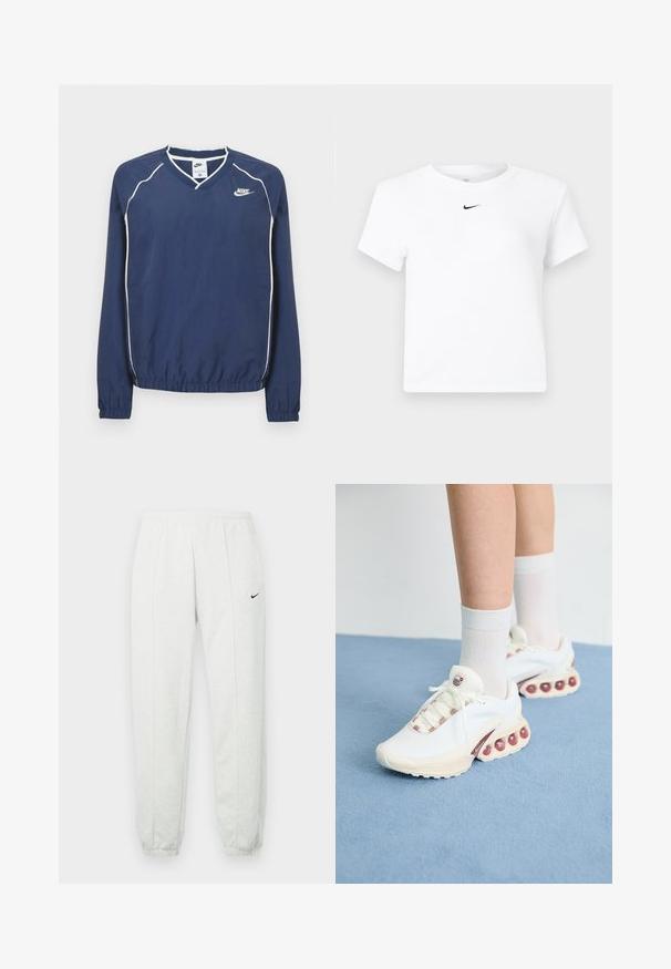 Sudadera de manga larga de Nike en azul marino, con cuello en V, ribetes blancos a lo largo de las costuras y puños y dobladillo elásticos. Presenta un logo en el lado izquierdo del pecho.; Camiseta corta de manga corta blanca de Nike con un pequeño logo negro de Nike Swoosh centrado justo debajo del escote.; Pantalones deportivos Nike de color gris claro con una cintura elástica, puños ajustados y un pequeño logo negro en el muslo izquierdo. Tela suave y texturizada.; Zapatillas deportivas blancas con un upper texturizado, que presentan un acento rosa en los cordones y grandes burbujas de aire en la suela.