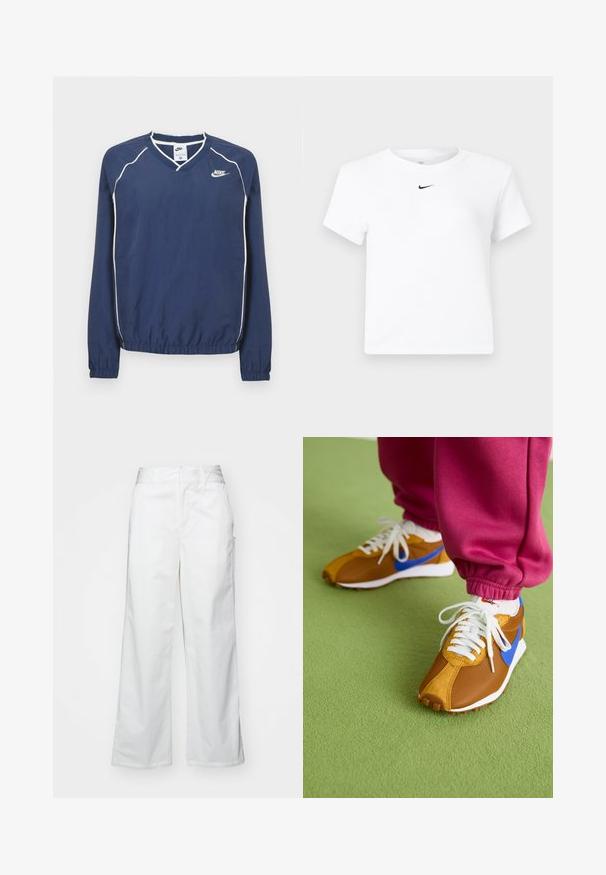 Tmavomodrý pulóver Nike s dlhým rukávom a výstrihom do V, bielym lemovaním pozdĺž švov a elastickými manžetami a spodným okrajom. Na ľavej strane hrude je umiestnené logo.; Biele krátke tričko značky Nike s krátkym rukávom a zrezaným strihom, s malým čiernym logom Nike swoosh umiestneným pod výstrihom uprostred.; Biele široké nohavice vyrobené z bavlny, s hladkým povrchom, rovnou siluetou, prednými vreckami a čistým lemom.; Hnedé a modré tenisky s kombináciou sieťoviny a semišu, s bielymi šnúrkami a textúrovanou hnedou podrážkou, umiestnené na zelenej podlahe.