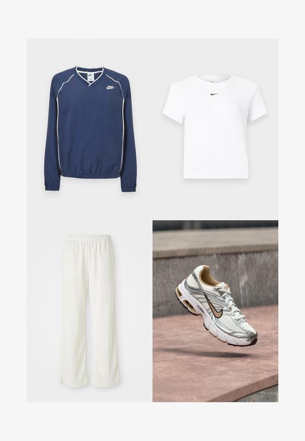 Tmavomodrý pulóver Nike s dlhým rukávom a výstrihom do V, bielym lemovaním pozdĺž švov a elastickými manžetami a spodným okrajom. Na ľavej strane hrude je umiestnené logo.; Biele krátke tričko značky Nike s krátkym rukávom a zrezaným strihom, s malým čiernym logom Nike swoosh umiestneným pod výstrihom uprostred.; Krémyové nohavice s širokým strihom, vyrobené z ľahkého materiálu, s vertikálnymi pruhmi a elastickým pásom.; Biely a strieborný bežecký Nike topánka s béžovým logom Swoosh, zobrazená vo vzduchu nad kamenným povrchom s rozmazaným sivým pozadím steny.