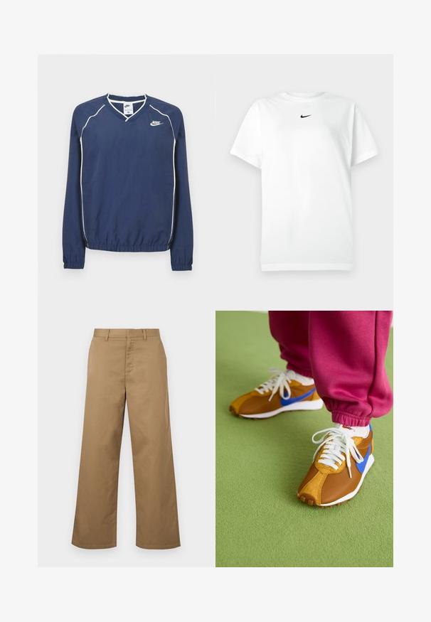 Mørkeblå Nike pullover med lange ærmer og V-hals, hvide striber langs sømmene samt elastiske manchetter og kant. Indeholder et logo på venstre side af brystet.; Hvid kortærmet T-shirt med rund hals, prydet med et lille sort Nike swoosh-logo centreret under halsudskæringen.; Brune bukser med vide ben, bæltestropper og lynlåslukning foran, vist mod en hvid baggrund.; Brune og blå sneakers med en blanding af mesh og ruskindsmaterialer, prydet med hvide snørebånd og en tekstureret brun sål, placeret på grønne gulve.