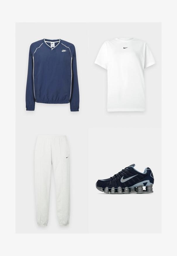 Laivastonsininen Nike-pitkähiha-pullover V-kaula-aukolla, valkoisilla saumapipoilla ja kuminauhalla varustetut hihansuut ja helma. Vasemmassa rinnassa on logo.; Valkoinen lyhythihainen pyöreäkauluksinen T-paita, jossa pieni musta Nike-ruoska-logo keskitettynä kaula-aukon alle.; Vaaleanharmaat Nike-housut, joissa joustava vyötärönauha, kapenevat lahkeet ja pieni musta logo vasemmassa reidessä. Pehmeä, teksturoitu kangas.; Tummansininen ja hopeinen urheilukengä, jossa on segmentoitunut pehmustettu pohja ja hopeinen Nike-logo sivussa, esitetty oikeasta profiilista valkoista taustaa vasten.