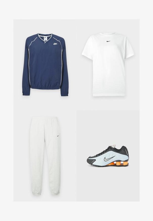Mørkeblå Nike pullover med lange ærmer og V-hals, hvide striber langs sømmene samt elastiske manchetter og kant. Indeholder et logo på venstre side af brystet.; Hvid kortærmet T-shirt med rund hals, prydet med et lille sort Nike swoosh-logo centreret under halsudskæringen.; Lysegrå Nike joggingbukser med elastisk taljebånd, tilspidsede manchetter og et lille sort logo på venstre lår. Blødt, tekstureret stof.; Sort og lyseblå sportsko med rund tå, mesh- og syntetisk overdel, samt orange hælstøtte i et stødabsorberende design.