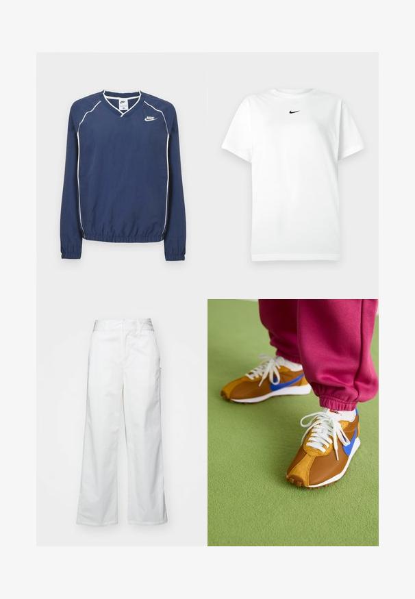 Tmavomodrý pulóver Nike s dlhým rukávom a výstrihom do V, bielym lemovaním pozdĺž švov a elastickými manžetami a spodným okrajom. Na ľavej strane hrude je umiestnené logo.; Biele tričko s krátkym rukávom a okrúhlym výstrihom, na ktorom je malé čierne logo Nike swoosh umiestnené tesne pod výstrihom.; Biele široké nohavice vyrobené z bavlny, s hladkým povrchom, rovnou siluetou, prednými vreckami a čistým lemom.; Hnedé a modré tenisky s kombináciou sieťoviny a semišu, s bielymi šnúrkami a textúrovanou hnedou podrážkou, umiestnené na zelenej podlahe.