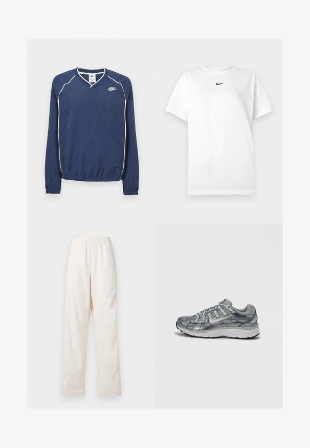 Mørkeblå Nike pullover med lange ærmer og V-hals, hvide striber langs sømmene samt elastiske manchetter og kant. Indeholder et logo på venstre side af brystet.; Hvid kortærmet T-shirt med rund hals, prydet med et lille sort Nike swoosh-logo centreret under halsudskæringen.; Løse, cremefarvede bukser med elastisk talje og lige ben, vist mod en ensfarvet hvid baggrund.; Grå atletiksko med mesh-overdel, metaliske detaljer og hvid sål. Har snøresystem og teksturerede detaljer for bedre greb.