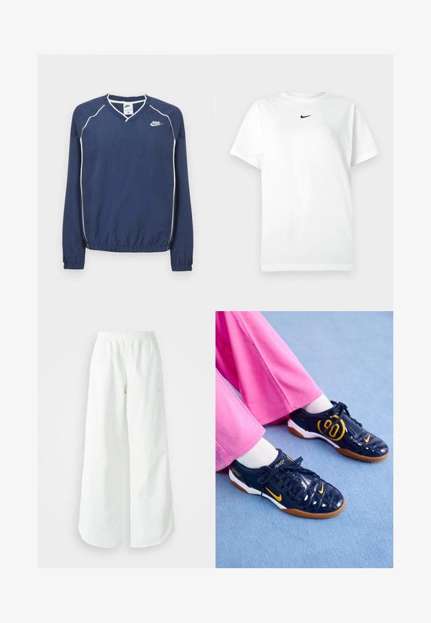 Μακρυμάνικο μπλουζάκι Nike σε ναυτικό μπλε με V-λαιμόκοψη, λευκές ρίγες στα ραφές και ελαστικές μανσέτες και τελείωμα. Διαθέτει λογότυπο στο αριστερό μέρος του στήθους.; Λευκό T-shirt κοντομάνικο με στρογγυλή λαιμόκοψη και μικρό μαύρο λογότυπο Nike κάτω από τον λαιμό.; Λευκό αθλητικό παντελόνι σε φαρδιά γραμμή με ραμμένο ζώνη και διακριτική λεπτομέρεια λογότυπου. Απαλή υφή με άνετη εφαρμογή και στενό στρίφωμα.; Ναυτικά συνθετικά αθλητικά παπούτσια με πορτοκαλί λεπτομέρειες, με υφή στο επάνω μέρος, λευκή σόλα και μαύρα κορδόνια. Συνδυασμένα με ροζ φαρδιά παντελόνια.