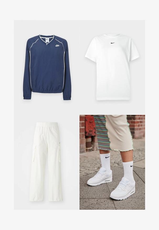 Tmavomodrý pulóver Nike s dlhým rukávom a výstrihom do V, bielym lemovaním pozdĺž švov a elastickými manžetami a spodným okrajom. Na ľavej strane hrude je umiestnené logo.; Biele tričko s krátkym rukávom a okrúhlym výstrihom, na ktorom je malé čierne logo Nike swoosh umiestnené tesne pod výstrihom.; Biele cargo nohavice s širokým strihom, vybavené elastickým pásom a bočnými vreckami. Textúrovaná tkanina s hladkým povrchom.; Biele tenisky Nike Air Max 90 s vrchnou časťou z kombinácie sieťovaného a koženého materiálu, s viditeľnou vzduchovou jednotkou, v kombinácii s bielymi rebrovanými ponožkami s čiernym logom.