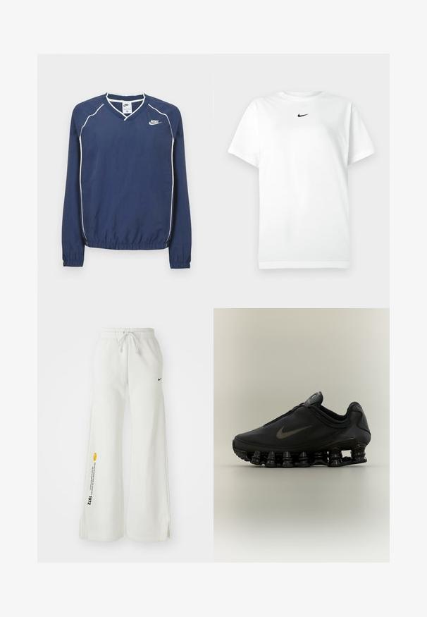 Mørkeblå Nike pullover med lange ærmer og V-hals, hvide striber langs sømmene samt elastiske manchetter og kant. Indeholder et logo på venstre side af brystet.; Hvid kortærmet T-shirt med rund hals, prydet med et lille sort Nike swoosh-logo centreret under halsudskæringen.; Hvide, brede sweatsbukser med elastisk talje, snøre, sidespalter, sort Nike-logo og kontrasterende gul grafisk tekst.; Sort Nike-sneaker med lynlåsfunktion øverst og karakteristisk fjederlignende opdelt sål, vist i sideprofil mod en neutral baggrund.
