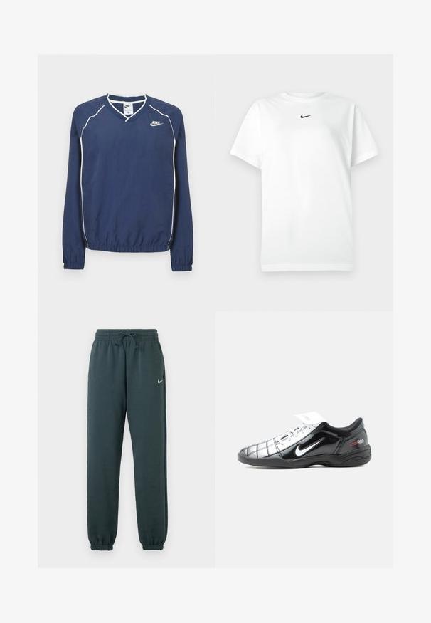Tmavomodrý pulóver Nike s dlhým rukávom a výstrihom do V, bielym lemovaním pozdĺž švov a elastickými manžetami a spodným okrajom. Na ľavej strane hrude je umiestnené logo.; Biele tričko s krátkym rukávom a okrúhlym výstrihom, na ktorom je malé čierne logo Nike swoosh umiestnené tesne pod výstrihom.; Tmavo zelené Nike jogger nohavice vyrobené z mäkkej tkaniny, s elastickým pásom a nastaviteľnou šnúrkou, s elastickými manžetami.; Čierno-biela nízka futbalová obuv Nike Total 90 III so šnúrkami a červeným logom na päte, zobrazená z vonkajšej strany.