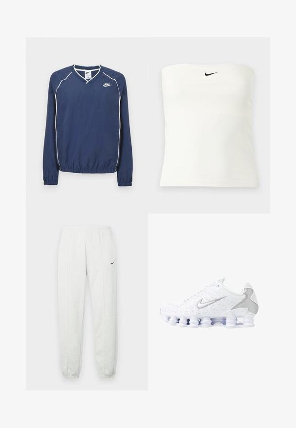 Tmavomodrý pulóver Nike s dlhým rukávom a výstrihom do V, bielym lemovaním pozdĺž švov a elastickými manžetami a spodným okrajom. Na ľavej strane hrude je umiestnené logo.; Biely bezramienkový Nike trubkový top s čiernym logom swoosh umiestneným v strede blízko horného okraja, zobrazený na jednoduchom svetlom pozadí.; Svetlosivé tepláky Nike s elastickým pásom, zúženými lemami a malým čiernym logom na ľavom stehne. Mäkká, textúrovaná tkanina.; Biele športové topánky s jemnou sieťovinou na hornej časti, striebornými detailmi a jedinečným dizajnom podpätka v tvare cievky. Majú polstrovaný golier a šnurovanie pre lepšie udržanie na nohe.