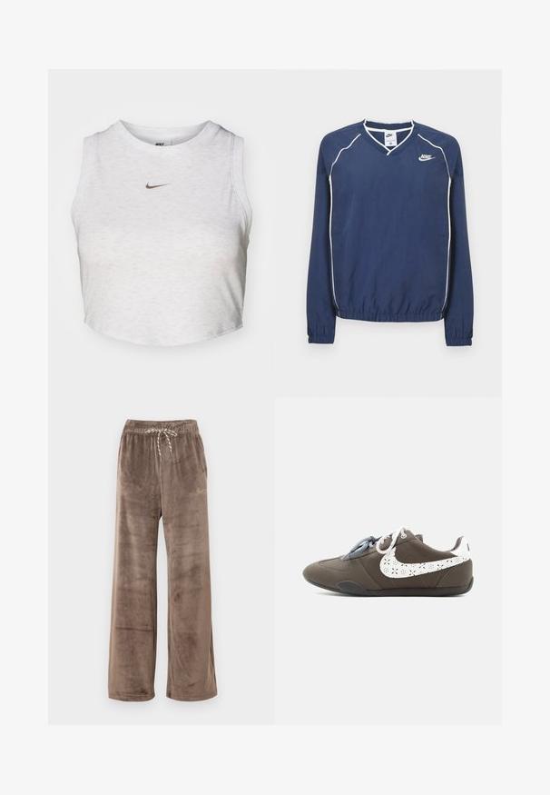 Tmavomodrý pulóver Nike s dlhým rukávom a výstrihom do V, bielym lemovaním pozdĺž švov a elastickými manžetami a spodným okrajom. Na ľavej strane hrude je umiestnené logo.; Biely crop top vyrobený z jemnej, textúrovanej látky. Má okrúhly výstrih a bezrukávový dizajn so malým zlatým logom Nike na prednej strane.; Hnedé široké nohavice z velúrovej látky s elastickým pásom a pruhovaným šnúrkou, s malým zlatým logom Nike na pravom stehne.; Sivá nízka teniska s dvojfarebnými šnúrkami a bielym perforovaným logom Swoosh na boku, na jednoduchom svetlom pozadí.