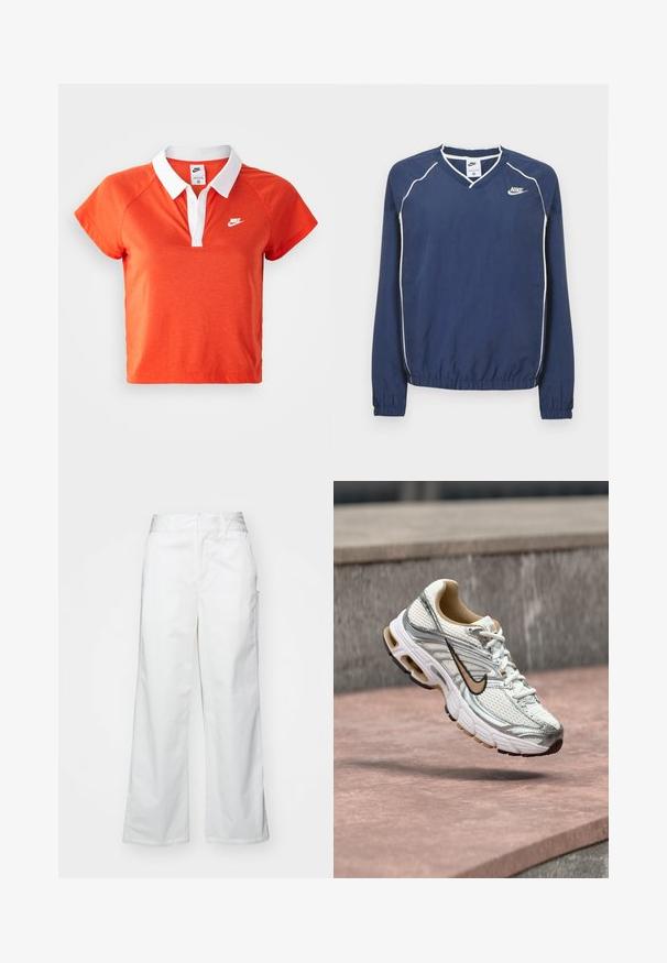 Tmavomodrý pulóver Nike s dlhým rukávom a výstrihom do V, bielym lemovaním pozdĺž švov a elastickými manžetami a spodným okrajom. Na ľavej strane hrude je umiestnené logo.; Oranžová polo košeľa s bielym golierom, krátkym rukávom a bielym logom Nike na ľavej hrudi. Vyrobená z mäkkej bavlnenej zmesi.; Biele široké nohavice vyrobené z bavlny, s hladkým povrchom, rovnou siluetou, prednými vreckami a čistým lemom.; Biely a strieborný bežecký Nike topánka s béžovým logom Swoosh, zobrazená vo vzduchu nad kamenným povrchom s rozmazaným sivým pozadím steny.