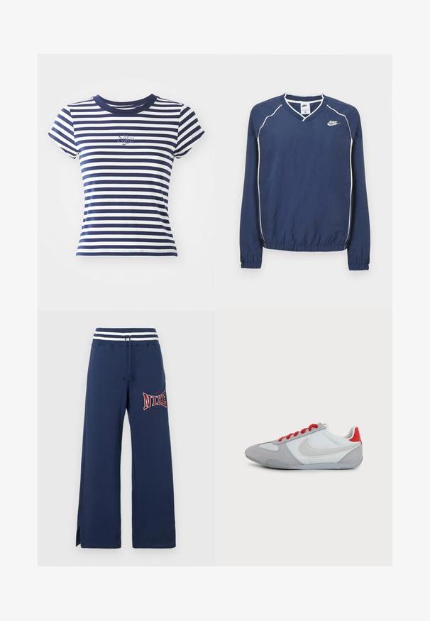 Tmavomodrý pulóver Nike s dlhým rukávom a výstrihom do V, bielym lemovaním pozdĺž švov a elastickými manžetami a spodným okrajom. Na ľavej strane hrude je umiestnené logo.; Námornícky a biely pruhovaný tričko, z bavlnenej zmesi, s krátkymi rukávmi, okrúhlym výstrihom, so malým vyšívaným logom Nike na prednej strane.; Tmavomodré široké tepláky s bielym elastickým pásom s prúžkami, sťahovacou šnúrkou, bočnými rezačkami a červeným logom "NIKE" na ľavom stehne.; Nízky sivobiely Nike teniska s veľkým bielym logom Swoosh, červenou pätovou záložkou a červenými šnúrkami na jednoliatom pozadí.