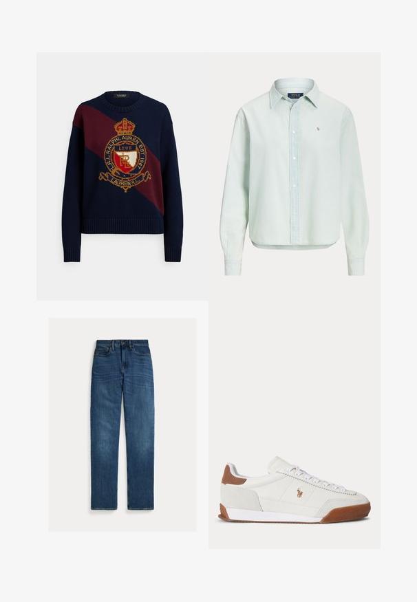 Marineblauer Strickpullover mit einem kastanienbraunen diagonalen Streifen, einem goldenen Emblem sowie gerippten Bündchen und Saum.; Hellblaues, langärmeliges Hemd mit Knopfleiste und Kragen, kleinem besticktem Polo Ralph Lauren-Logo auf der Brust und sichtbaren weißen Knöpfen vorne.; Straight-leg blaue Denim-Jeans mit fünf Taschen, Knopfverschluss und subtilen Verwaschungen an Oberschenkeln und Knien, flach auf weißem Hintergrund gelegt.; Weißer Sneaker mit niedrigem Schaft, braunen Wildleder-Akzenten an Ferse und Spitze, weißen Schnürsenkeln und einem kleinen braunen gestickten Logo an der Seite.