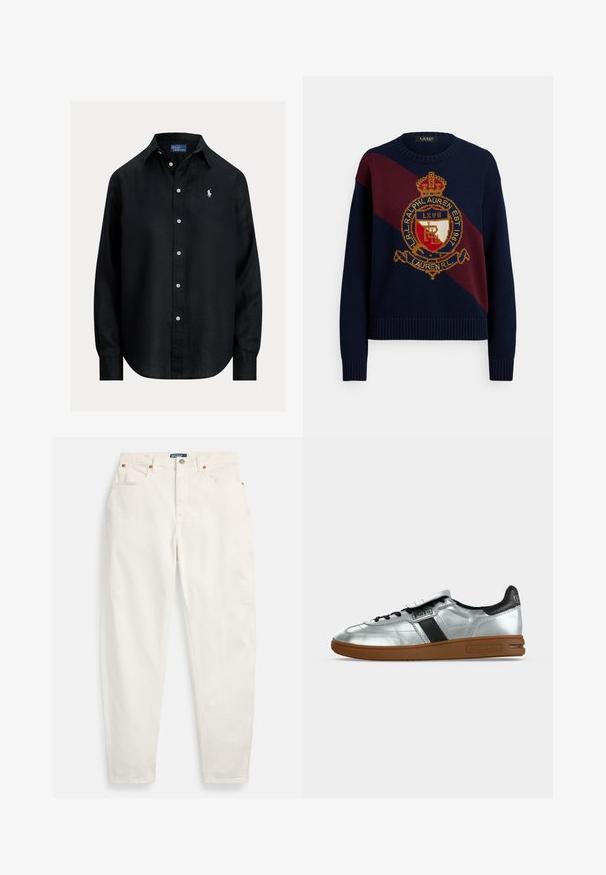 Marineblå strikket sweater med en vinrød diagonal stribe, der har et guldemblem samt ribstrikkede ærmekanter og kant forneden.; Sort skjorte med lange ærmer, knapper, krave, hvide knapper og lille hvid broderet Polo Ralph Lauren-logo på venstre bryst.; Hvide høj-taljede jeans med lige ben, foran knap og lynlås, fem-lommer design og Polo mærkeetiket på linningen.; Sølv lavtop sneakers med sorte accenter, brun sål, snørelukning foran og mærkede "Polo" og "Ralph Lauren" detaljer.