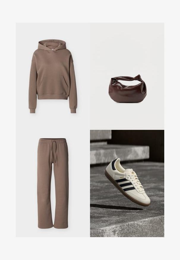 Sweat à capuche marron avec poche kangourou à l'avant et poignets et ourlet côtelés, présenté sur un fond uni.; Pantalon de survêtement à taille élastique marron avec cordon de serrage, jambes droites et coupe décontractée, présenté sur un fond clair uni.; Baskets blanches Adidas Samba avec des bandes noires et une semelle en gomme, flottant au-dessus de marches en béton gris texturé.; Sac bandoulière en cuir marron foncé avec une forme souple et décontractée et une anse nouée torsadée sur un fond blanc uni.