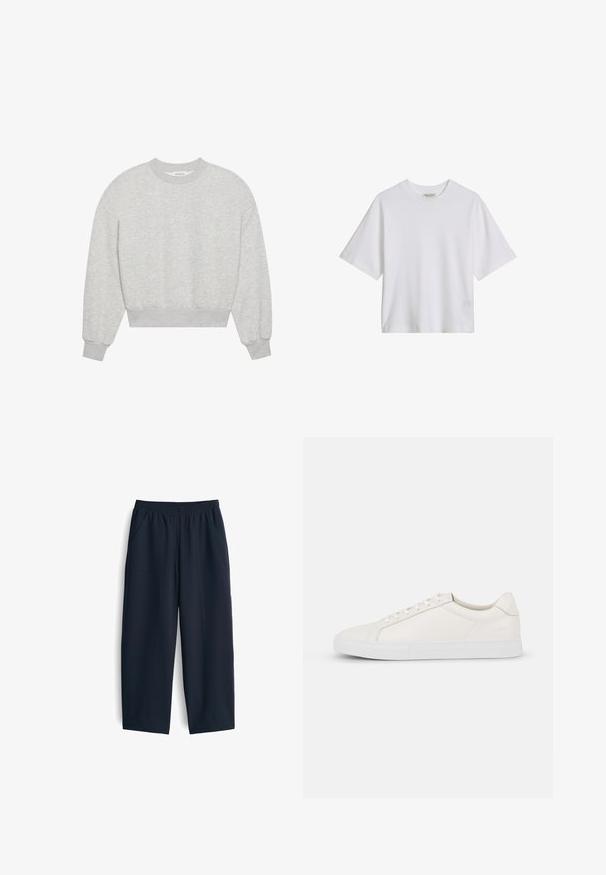 Grauer, verkürzter Sweatshirt mit rundem Ausschnitt, überschnittenen Schultern, langen Ärmeln mit gerippten Bündchen, aus weichem Baumwollmischgewebe, mit minimaler Textur.; Weißes kurzärmeliges Baumwoll-T-Shirt mit Rundhalsausschnitt, lockerer Sitz, einfarbige Vorderseite mit sichtbarem Kragenetikett auf einfarbigem Hintergrund.; Marineblaue Hose aus glattem Stoff, mit elastischem Bund, zwei Seitentaschen und einem entspannten Schnitt mit geraden Beinen.; Weiße Ledersneaker mit glatter Textur, runder Zehenpartie, Schnürung vorne und flacher Gummisohle. Einfaches Design ohne Muster oder Akzente.