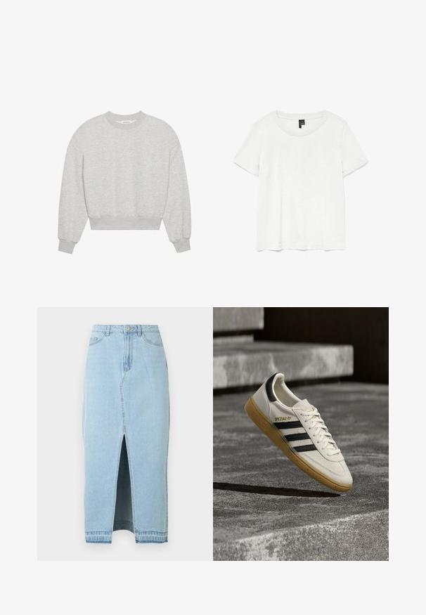 Sweatshirt gris court, col rond, épaules tombantes, manches longues avec poignets côtelés, fabriqué en tissu doux en mélange de coton, texture minimaliste.; T-shirt blanc à manches courtes avec un col rond, fabriqué en tissu léger. Design simple, texture lisse et ourlet droit.; Jupe en jean bleu clair avec une fente à l'avant et une ceinture. Comprend le design traditionnel à cinq poches et une fermeture à bouton en métal.; Baskets Adidas Spezial blanches avec des rayures noires et une semelle en gomme flottant au-dessus de marches en pierre grises à l'extérieur.