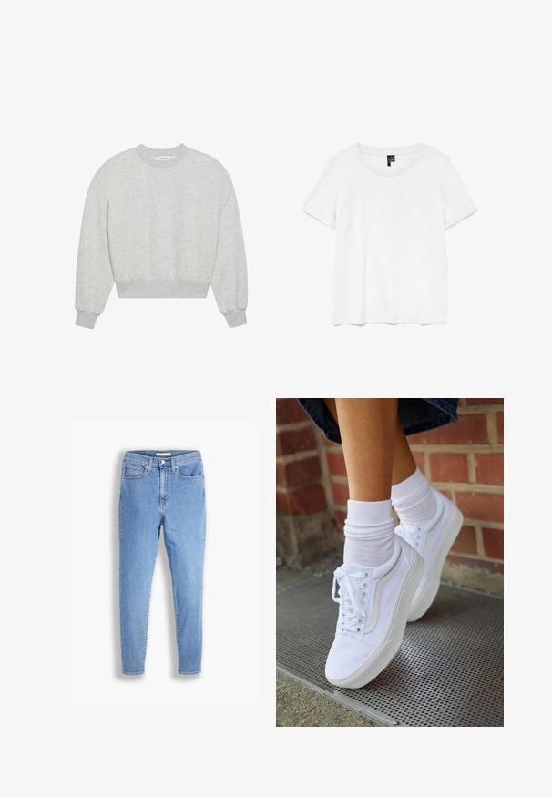 Grijze, cropped sweatshirt, ronde halslijn, verlaagde schouders, lange mouwen met ribgebreide manchetten, gemaakt van een zachte katoenmix, minimalistische textuur.; Witte t-shirt met korte mouwen en een ronde hals, gemaakt van lichte stof. Eenvoudig ontwerp, gladde textuur en rechte zoom.; Lichtblauwe hoge taille slim-fit jeans met voor- en achterzakken, knoopsluiting en riemlussen op een witte achtergrond.; Witte canvas sneakers met rubberen zolen, voorzien van zes vetertjes, een ronde neus en lichte stikdetails, gecombineerd met witte enkelsokken.