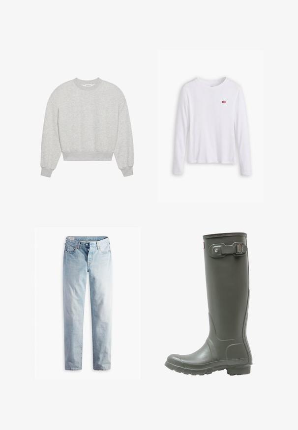 Grå cropped sweatshirt med rund halsudskæring, droppe skuldre, lange ærmer med ribbede manchetter, lavet af blødt bomuldsblandingsmateriale, minimal tekstur.; Hvid langærmet skjorte lavet af blødt bomuld. Har et lille rødt Levi's logo på venstre bryst. Klassisk crew neck design.; Lyseblå denimjeans med lige ben, fem lommer og metal-knapper i en standard livvidde.; Grønne gummistøvler i knæhøjde med en tekstureret sål, rund tå, justerbar spænde på siden og glat finish.