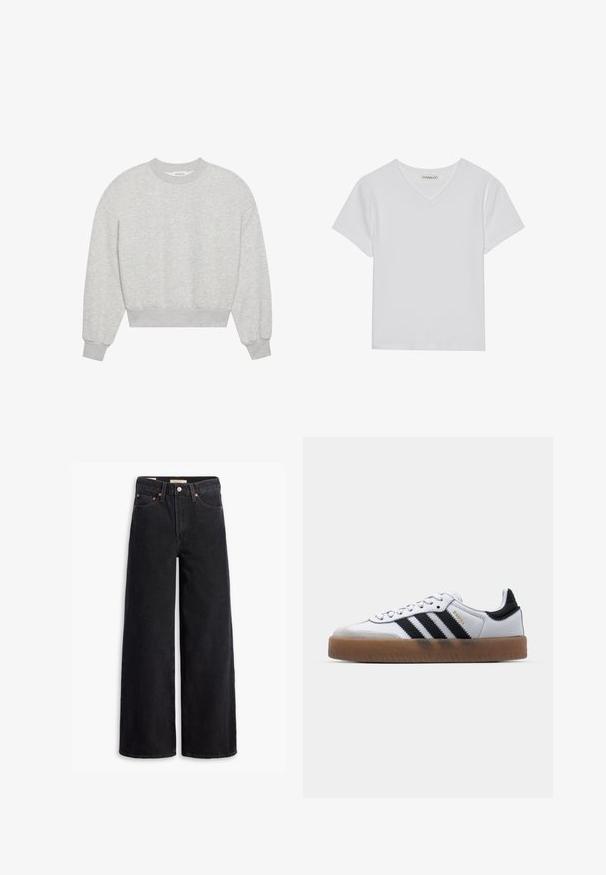 Grauer, verkürzter Sweatshirt mit rundem Ausschnitt, überschnittenen Schultern, langen Ärmeln mit gerippten Bündchen, aus weichem Baumwollmischgewebe, mit minimaler Textur.; Weißes kurzärmliges V-Ausschnitt-T-Shirt aus Rippstoff. Es zeichnet sich durch ein sauberes Design mit geradem Saum und minimalen Details aus.; Schwarze weite Jeans aus Denim mit fünf Taschen, Kupferrivets und einem klassischen Knopfverschluss. Glatte Textur mit einem klaren Design.; Weiße Leder Sneakers mit schwarzen Streifen, Gummigummi-Außensohle, runder Zehenform, Schnürverschluss und weichem grauem Wildleder-Zehenkappe.