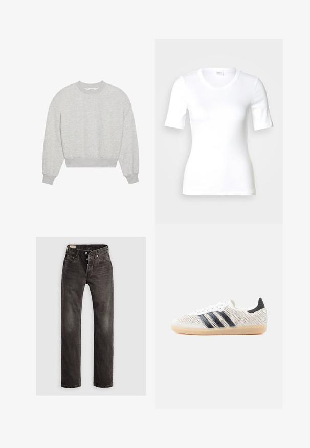 Grijze, cropped sweatshirt, ronde halslijn, verlaagde schouders, lange mouwen met ribgebreide manchetten, gemaakt van een zachte katoenmix, minimalistische textuur.; Wit T-shirt met korte mouwen van glad katoen, met een ronde halslijn en een aangesloten pasvorm. Klassiek ontwerp, zonder patronen of accenten.; Donkergrijze rechte jeans van denim, met een knoopsluiting, vijf zakken en subtiele vervaging op de stof.; Witte sneakers van mesh met een zwart ontwerp van drie strepen, een ronde neus en een rubberen gumzool. Voorzien van een zachte hielkraag en een vetersluiting.