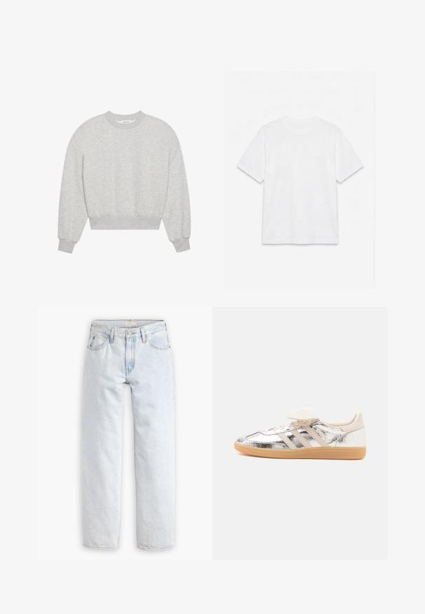 Grå cropped sweatshirt med rund halsudskæring, droppe skuldre, lange ærmer med ribbede manchetter, lavet af blødt bomuldsblandingsmateriale, minimal tekstur.; Hvid ensfarvet t-shirt med korte ærmer og rund hals, lagt fladt på en hvid baggrund.; Lyseblå, lige ben denim jeans med høj talje, der har fem lommer, en frontknaplukning og synlige syninger.; Lavtop sneaker med skinnende sølv overdel, beige tre striber, hvide snørebånd og lysebrun gummisål, vist i sidevisning på hvid baggrund.