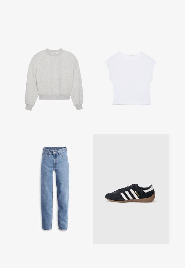 Grå cropped sweatshirt med rund halsudskæring, droppe skuldre, lange ærmer med ribbede manchetter, lavet af blødt bomuldsblandingsmateriale, minimal tekstur.; Hvid kortærmet cropped T-shirt med rund halsudskæring, lavet af glat stof, lagt fladt på en hvid baggrund.; Lys blå jeans lavet af denim, med en afslappet pasform, lige ben, fem-lomme design og flagrende kanter for et uformelt look.; Sort ruskindssneaker med tre hvide striber, gummisål og et lille gyldent logo på siden. Har en glat sort foring indvendigt.