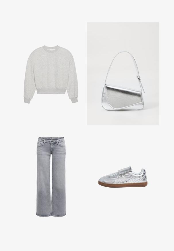 Grijze, cropped sweatshirt, ronde halslijn, verlaagde schouders, lange mouwen met ribgebreide manchetten, gemaakt van een zachte katoenmix, minimalistische textuur.; Lichtgrijze jeans met wijde pijpen gemaakt van denim. Voorzien van een standaard tailleband met lussen voor een riem, vijf zakken en subtiele vervaagde details.; Pepe Jeans Sneakers laag - silver-coloured; Zilveren metalen handtas met een driehoekige vorm, gladde textuur en een dunne, verstelbare schouderriem. Kenmerkt zich door een omklapbaar ontwerp met stiksels.