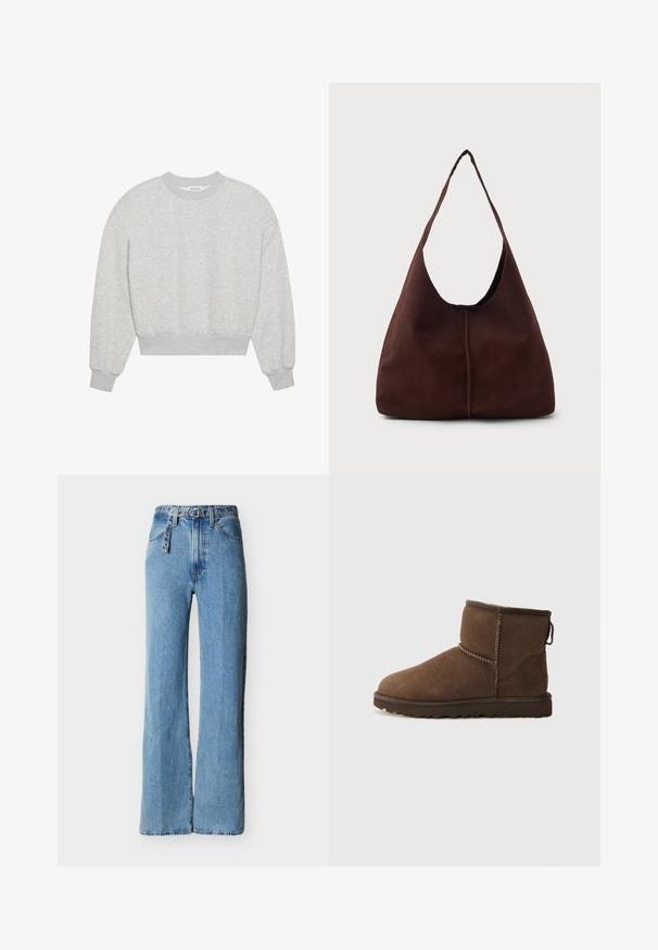 Sweatshirt gris court, col rond, épaules tombantes, manches longues avec poignets côtelés, fabriqué en tissu doux en mélange de coton, texture minimaliste.; Jean denim bleu clair taille haute avec jambes larges, cinq poches, et une ceinture en denim assortie avec œillets en métal et boucle.; UGG CLASSIC MINI II - Bottes de neige - dusted cocoa; Sac hobo en daim marron avec une grande ouverture courbée et une large bandoulière. Présente une couture centrée à l'avant. Texture lisse.