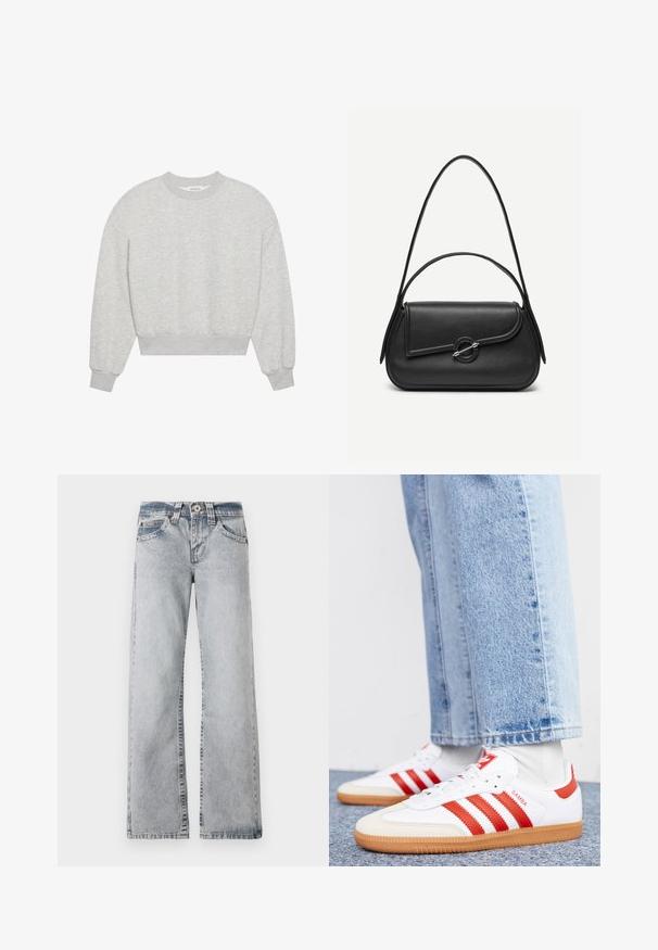 Grauer, verkürzter Sweatshirt mit rundem Ausschnitt, überschnittenen Schultern, langen Ärmeln mit gerippten Bündchen, aus weichem Baumwollmischgewebe, mit minimaler Textur.; Hellblaue Jeans aus Denim mit weit geschnittenen Beinen. Normale Taille, Fünf-Taschen-Stil und sichtbare Nähte entlang der Säume.; Weiße Leder Sneaker mit roten Streifen und Akzenten. Verfügt über eine strukturierte Gummi-Laufsohle und einen gepolsterten Schaft. Tragen mit hellblauer Jeans.; Schwarze Lederhandtasche mit abgerundeten Kanten, asymmetrischem Überschlag, metallfarbenem runden Verschluss und kurzen sowie langen Schulterriemen.