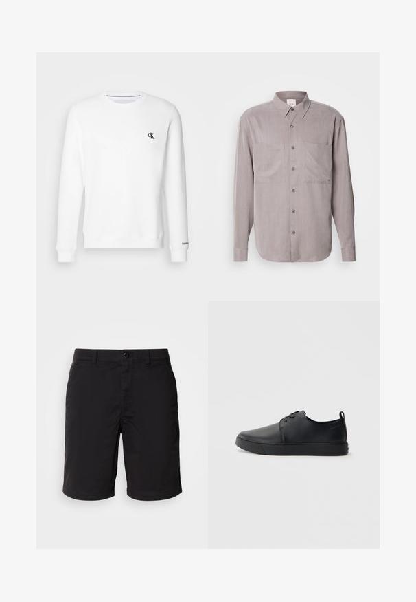 Sudadera blanca de cuello redondo hecha de una tela suave, con un pequeño logo negro "CK" en el lado izquierdo del pecho y puños y dobladillo acanalados.; Camisa de manga larga abotonada en tejido gris apagado, con dos bolsillos en el pecho, un cuello clásico y cierres de botón en tono. ; Pantalones cortos negros de tela ligera, con cierre de botón, cintura estándar y corte recto. Sin patrones ni acentos visibles.; Zapatilla negra de cuero con acabado suave, punta redondeada, costuras a tono, cordones en la parte delantera y suela de goma plana. Asa en el talón.