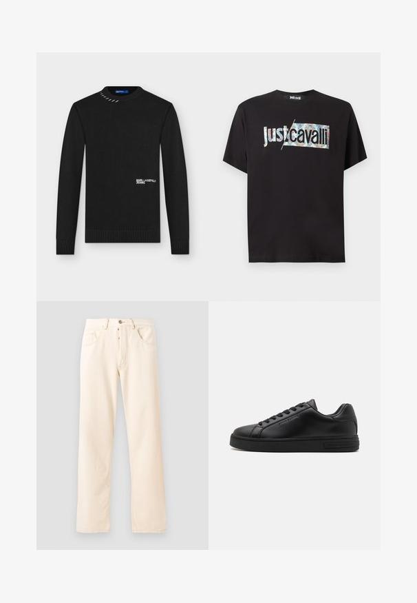 Schwarzer Strickpullover mit langen Ärmeln, mit gerippten Bündchen und Saum, weißer "KARL LAGERFELD JEANS" Schriftzug vorne und einem Metallstichdetail nahe dem Kragen.; Schwarzes T-Shirt mit kurzen Ärmeln und „Just Cavalli“-Logo, das vorn in der Mitte teilweise mit einem bunten Blumenmuster gefüllt ist.; Helle beige Denim-Jeans mit geradem Bein, fünf Taschen und einer Knopfverschluss vorne. Nähte sichtbar entlang der Nähte.; Schwarze Ledersneaker mit strukturiertem Finish, flachen Schnürsenkeln und Gummisohle. Mit Branding an der Seite und runder Zehenform.