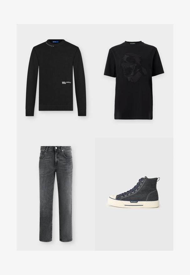 Čierny pletený sveter s dlhým rukávom s rebrovanými manžetami a lemom, biely nápis "KARL LAGERFELD JEANS" vpredu a kovový detail stehu pri golieri.; Čierne krátke tričko s reliéfnou grafikou muža so slnečnými okuliarmi a vysokým golierom, umiestnenou v strede prednej strany.; Čierne vyblednuté rifle rovného strihu s predným gombíkom a dizajnom s piatimi vreckami na jednoduchom pozadí.; High-top tenisky vyrobené z tmavého denimu s krémovou gumovou podrážkou, s námorníckymi šnúrkami a zadným úchytom. Logo na boku.