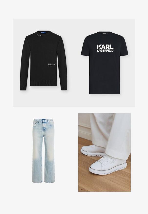 Jersey negro de punto con mangas largas, puños y dobladillo acanalados, texto blanco "KARL LAGERFELD JEANS" en el frente y detalle de costura metálica cerca del cuello.; Camiseta negra de manga corta con texto blanco "KARL LAGERFELD" y un gráfico de silueta integrado en la "K" en el pecho.; Vaqueros de pierna recta en azul claro con lavado desgastado, cierre frontal con botón y cremallera, y diseño de cinco bolsillos.; Zapatillas blancas bajas con suelas recortadas únicas, usadas con pantalones de color claro sobre un suelo de madera.