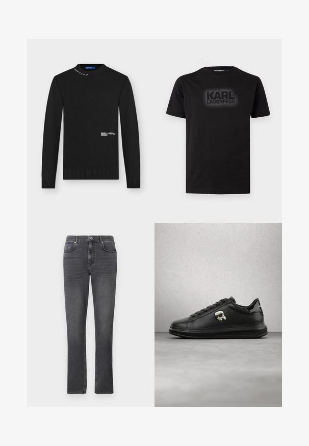 Zwarte gebreide trui met lange mouwen, geribbelde manchetten en zoom, witte tekst "KARL LAGERFELD JEANS" aan de voorkant en metalen stiksel detail nabij de kraag.; Zwarte T-shirt met korte mouwen en een ronde hals, met het logo "KARL LAGERFELD" in donkere letters centraal op de borst gedrukt.; Grijze denim jeans met een recht gesneden ontwerp, vijf zakken en subtiele stikdetails. De stof heeft een soepele textuur.; Persoon draagt zwarte leren broek en zwarte sneakers met een klein cartoonaccessoire aan de zijkant, staand op een houten vloer.